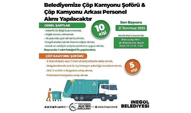  İnegöl Belediyesi 15 Personel Alacak
