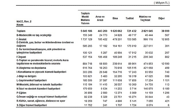 Yıllık Sanayi ve Hizmet İstatistikleri Yatırım Harcamaları, 2024