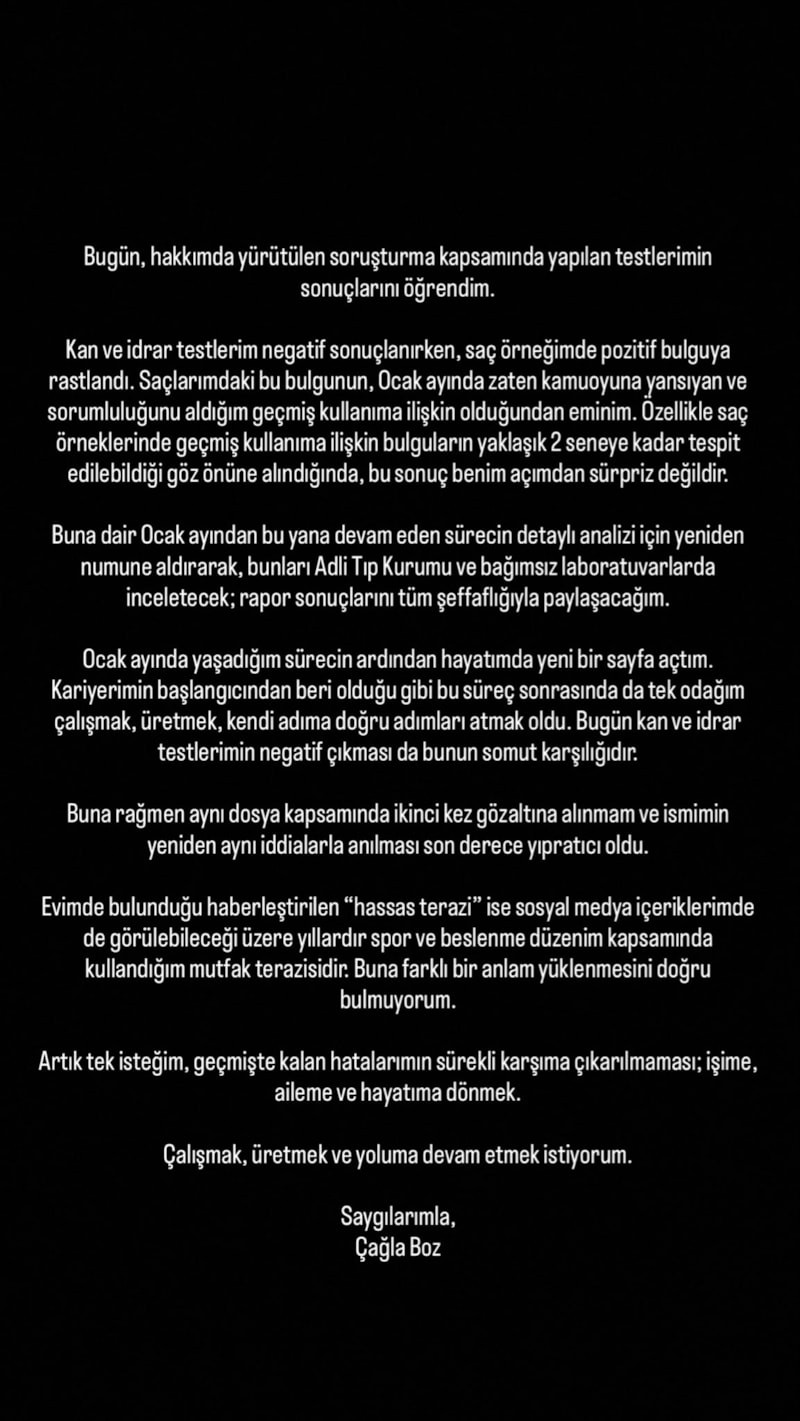 Uyuşturucu testi pozitif çıkmıştı! Çağla Boz'dan ilk açıklama geldi