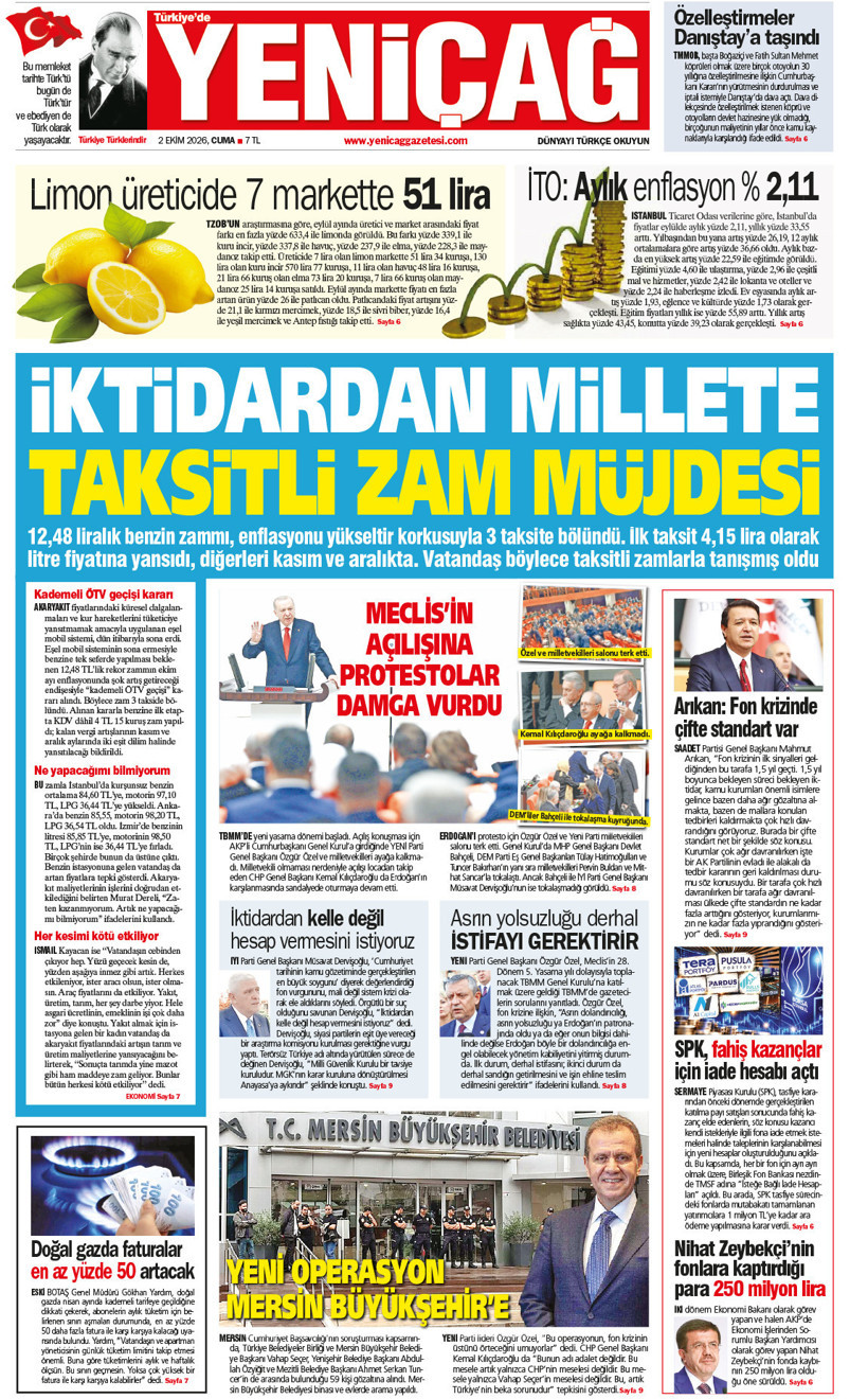 YENİÇAĞ Gazetesi: İktidardan millete taksitli zam müjdesi