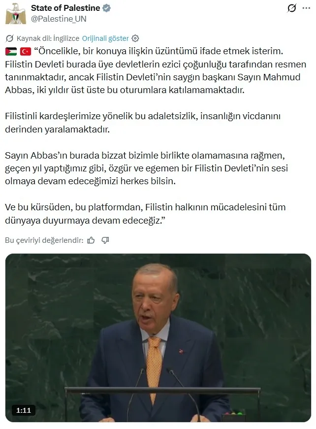 Filistin'in BM temsilciligi Başkan Erdoğan'ın Gazze konuşmasını paylaştı