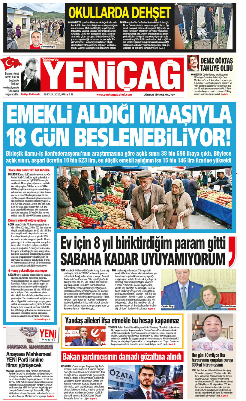 YENİÇAĞ Gazetesi: Emekli aldığı maaşıyla 18 gün beslenebiliyor