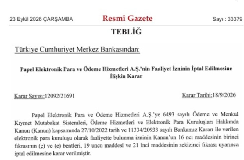 Merkez Bankası, Papel’in faaliyet iznini iptal etti