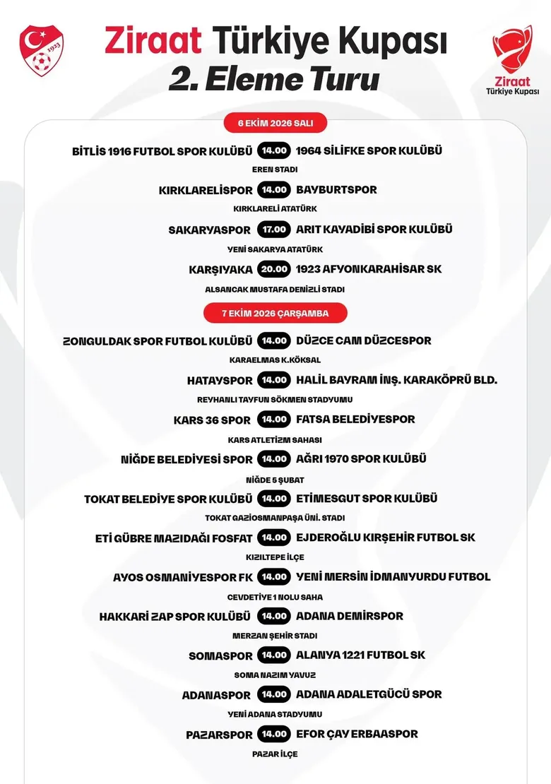 ZİRAAT TÜRKİYE KUPASI 2. TUR MAÇ TAKVİMİ | Ziraat Türkiye Kupası'nda 2. Eleme Turu programı açıklandı!