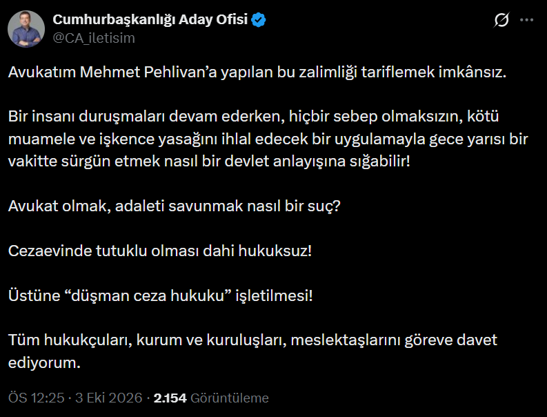 Cezaevi değiştirilmişti... İmamoğlu'ndan 'Mehmet Pehlivan' tepkisi: Avukatları ve hukukçuları göreve çağırdı!