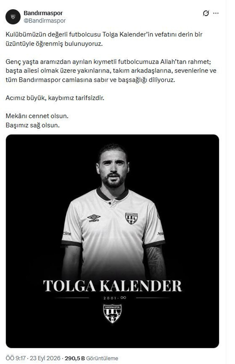 Bandırmaspor'dan acı haber: Tolga Kalender hayatını kaybetti
