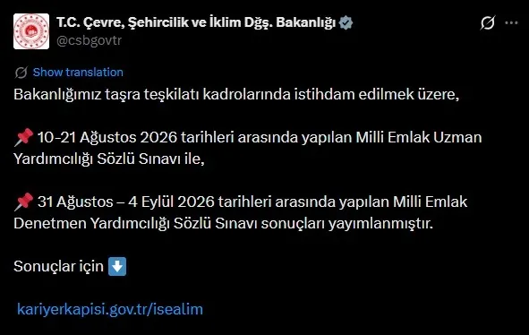 Çevre ve Şehircilik Bakanlığı 2026 Milli Emlak Sınavı sonuçlarını açıkladı! İşte sorgulama ekranı
