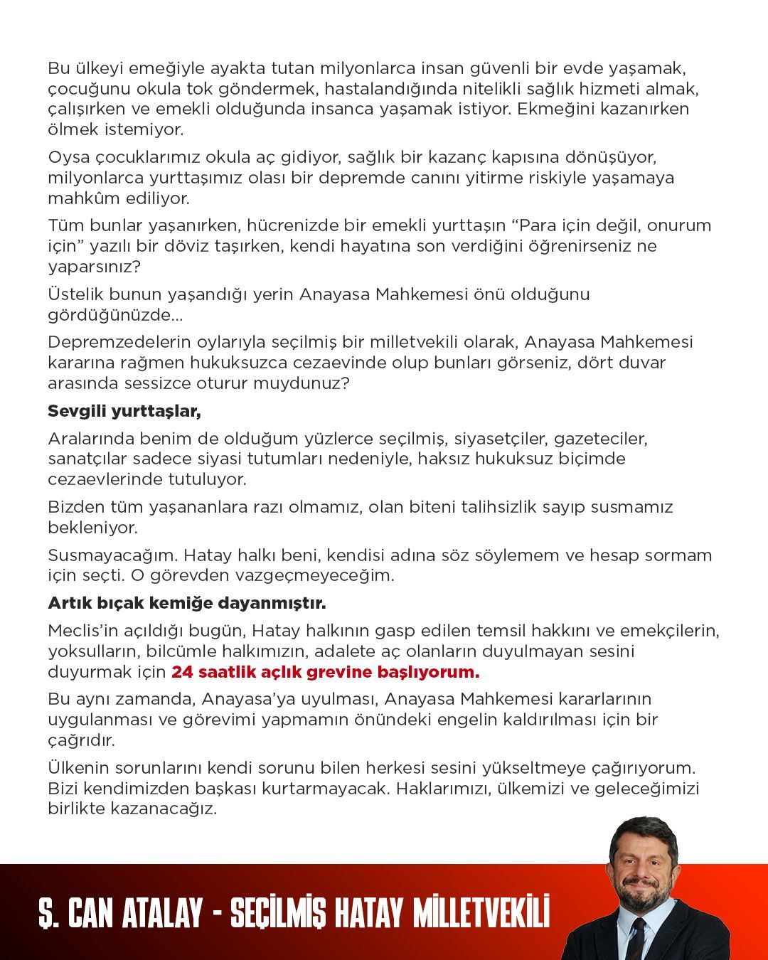 Can Atalay'dan 24 saatlik açlık grevi kararı: 'Artık bıçak kemiğe dayanmıştır'