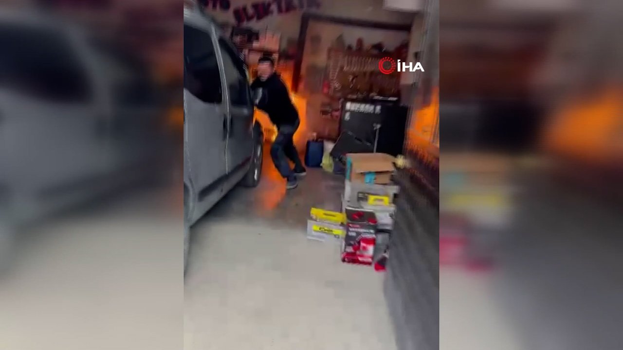 Emirdağ sanayisinde korku dolu anlar! Alevlerin arasından otomobili böyle kaçırdılar